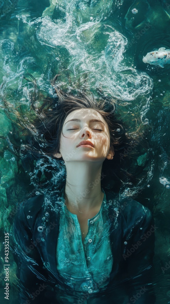 Obraz premium Serene Water Nymph: Ethereal Portrait of Woman with Water Hair and Koi Fish in Mystical Ambiance