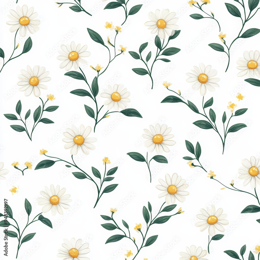 Seamless, Daisy pattern, Hand-drawn daisies, Minimalist design, Green leaves, Realistic colors, Simple drawing, White background, Negative space, Decorative design, Vector pattern, Nature inspired, Seamless, Daisy pattern, Hand-drawn daisies, Minimalist design, Green leaves, Realistic colors, Simple drawing, White background, Negative space, Decorative design, Vector pattern, Nature inspired,