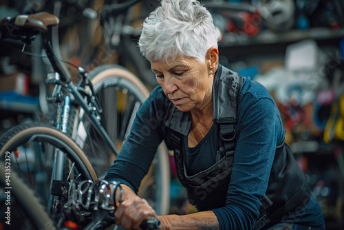 elderly woman works in a bicycle repair shop, she is repairing a bicycle.