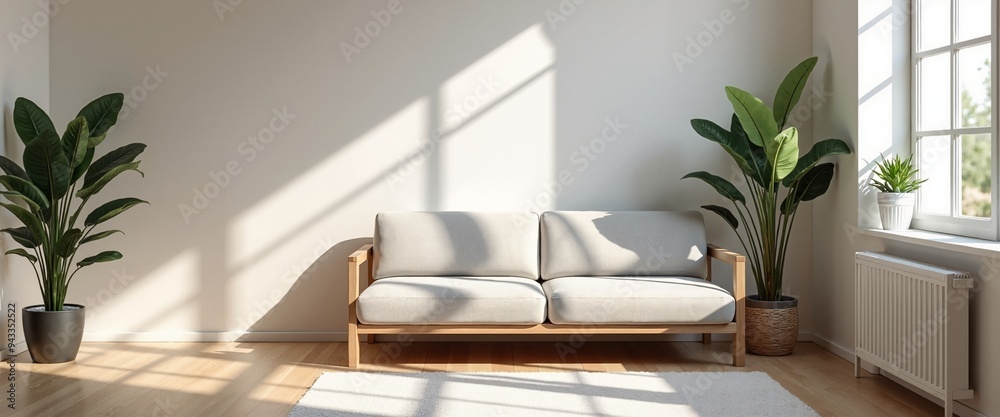 Fototapeta premium Serene minimalist living room with sunlight and plants for mental wellness with copy space