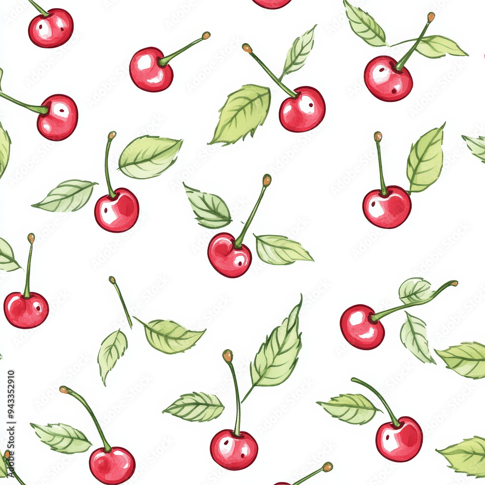 Seamless, Cherry pattern, Hand-drawn cherries, Minimalist design, Green leaves, Realistic colors, Simple drawing, White background, Negative space, Decorative design, Vector pattern, Nature inspired, Seamless, Cherry pattern, Hand-drawn cherries, Minimalist design, Green leaves, Realistic colors, Simple drawing, White background, Negative space, Decorative design, Vector pattern, Nature inspired,