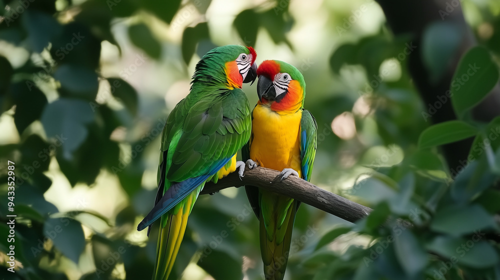 Obraz premium Two parrots are sitting on a branch, one of them is yellow