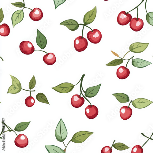 Seamless, Cherry pattern, Hand-drawn cherries, Minimalist design, Green leaves, Realistic colors, Simple drawing, White background, Negative space, Decorative design, Vector pattern, Nature inspired, 