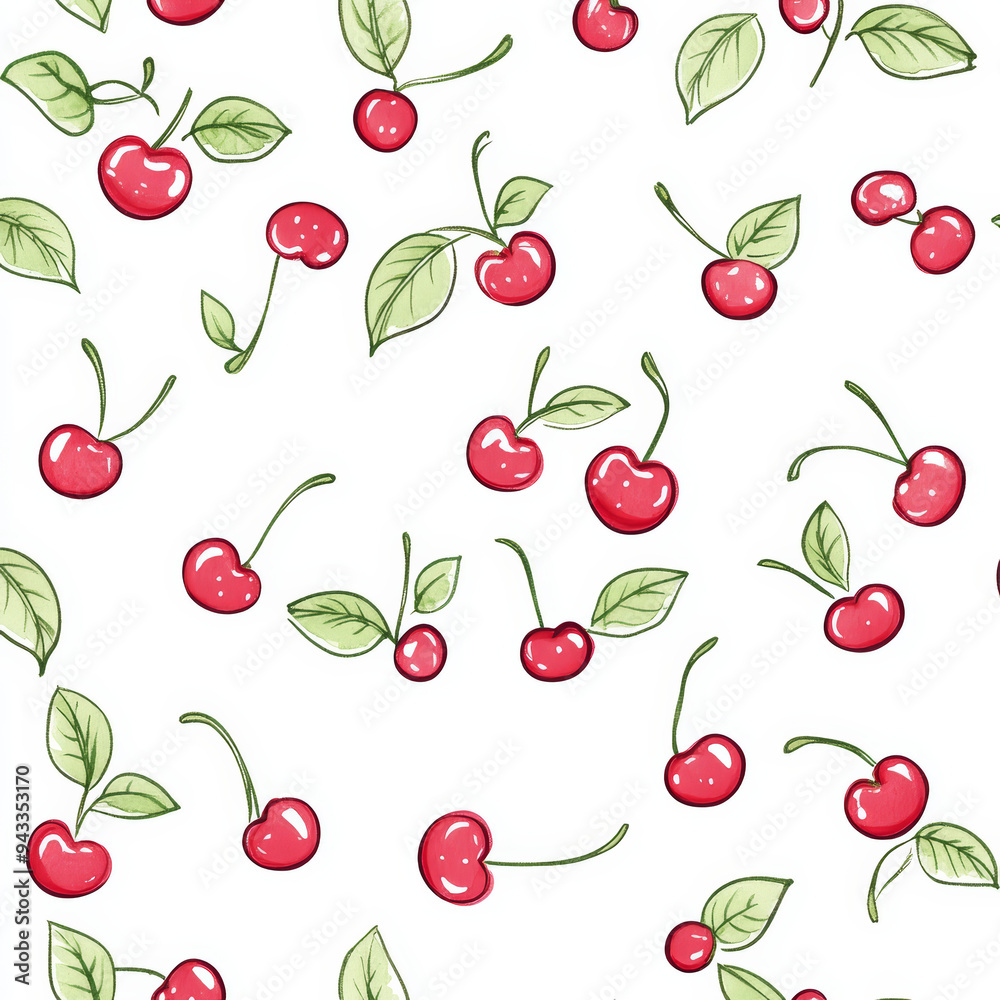Seamless, Cherry pattern, Hand-drawn cherries, Minimalist design, Green leaves, Realistic colors, Simple drawing, White background, Negative space, Decorative design, Vector pattern, Nature inspired, Seamless, Cherry pattern, Hand-drawn cherries, Minimalist design, Green leaves, Realistic colors, Simple drawing, White background, Negative space, Decorative design, Vector pattern, Nature inspired,