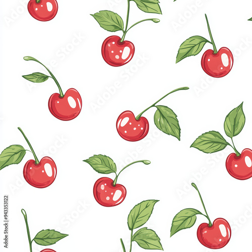 Seamless, Cherry pattern, Hand-drawn cherries, Minimalist design, Green leaves, Realistic colors, Simple drawing, White background, Negative space, Decorative design, Vector pattern, Nature inspired, 