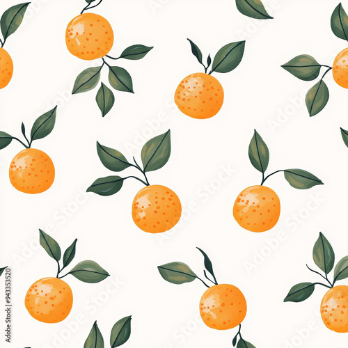 Seamless, Orange pattern, Hand-drawn oranges, Minimalist design, Green leaves, Realistic colors, Simple drawing, White background, Negative space, Decorative design, Vector pattern, Nature inspired, D