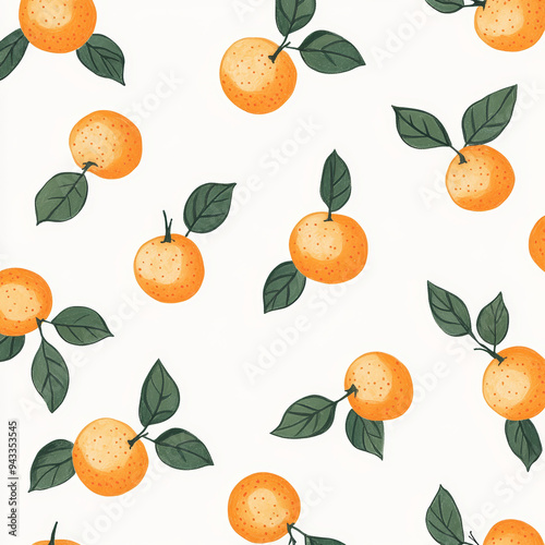 Seamless, Orange pattern, Hand-drawn oranges, Minimalist design, Green leaves, Realistic colors, Simple drawing, White background, Negative space, Decorative design, Vector pattern, Nature inspired, D