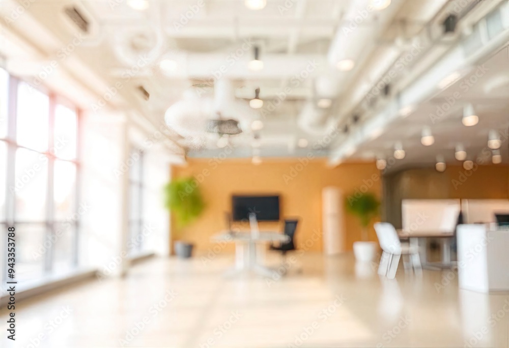Blurred empty open space office. Abstract light bokeh at office interior background for design, ai Blurred empty open space office. Abstract light bokeh at office interior background for design, ai