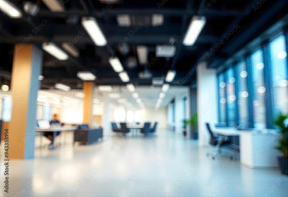 Blurred empty open space office. Abstract light bokeh at office interior background for design, ai Blurred empty open space office. Abstract light bokeh at office interior background for design, ai