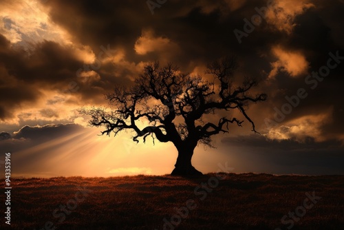 A solitary ancient oak tree stands majestically in an open field, backlit by the dramatic and colorful light of a sunset sky, creating a powerful and evocative scene.