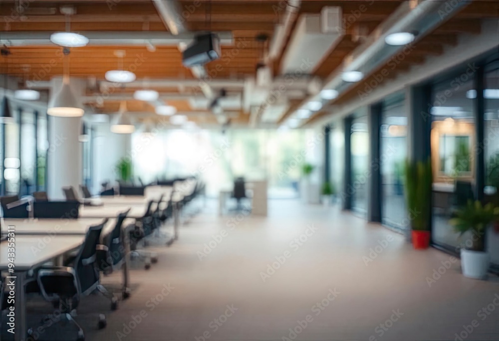 Blurred empty open space office. Abstract light bokeh at office interior background for design, ai Blurred empty open space office. Abstract light bokeh at office interior background for design, ai