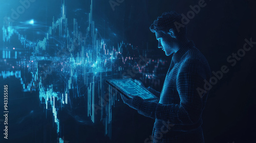 
Abstract businessman holding a tablet displaying a stock market candlestick hologram. Represents digital trading or investment concepts. Illustrated in a futuristic low poly style with a technologica photo