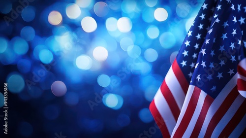 Labor day or Constitution Day USA banner with American flags and colorful on blue blur bokeh background.