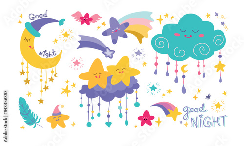 Childens magics set of images about sleeping. Good night!