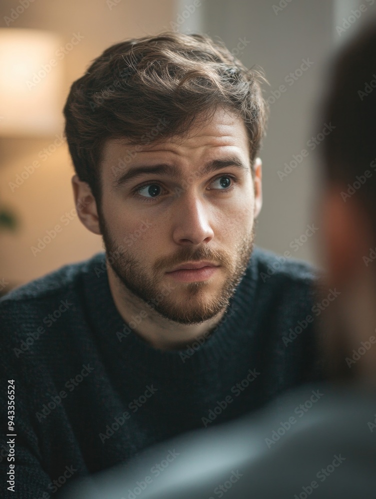 Fototapeta premium Contemplative Young Man in a Coffee Shop