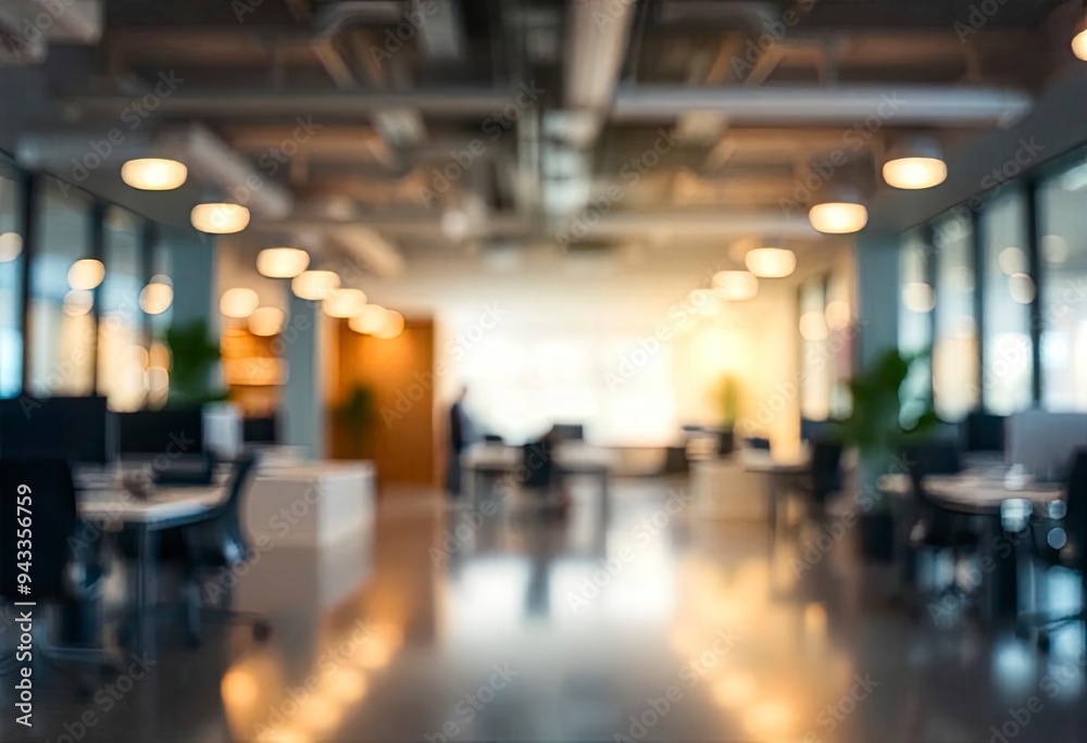 Beautiful blurred background of a light modern office interior with panoramic windows and beautiful lighting, ai Beautiful blurred background of a light modern office interior with panoramic windows and beautiful lighting, ai