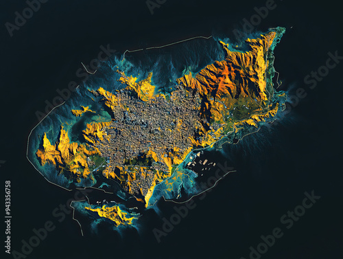 Technical aerial visual, 3D LiDAR GIS aerial map satellite scan model isolated, showing A Corua, Spain. Elevation, topography, render photo