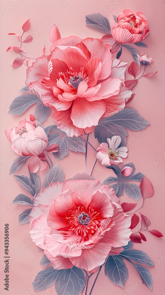 Fototapeta premium Retro pink peony sketch pattern illustration poster background