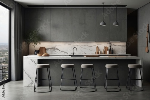 Modern kitchen island with marble countertop and grey cabinets photo