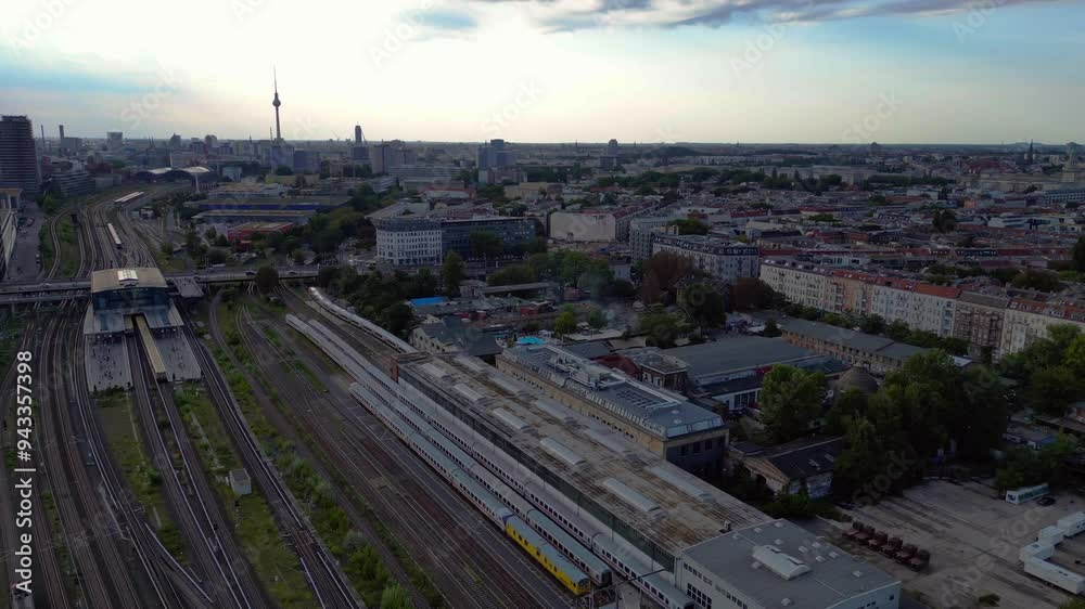 raw terrain berlin with tv tower and railway. Fantastic aerial view flight drone raw terrain berlin with tv tower and railway. Fantastic aerial view flight drone