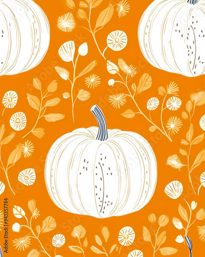 Scandinavian Folk Art Style Pumpkin Pattern: Vector Design with White Pumpkins on a Pumpkin Color Background