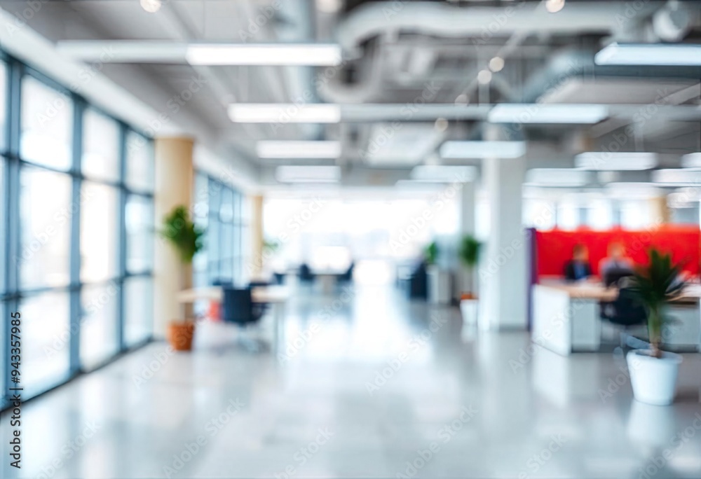 Fototapeta premium Beautiful blurred background of a light modern office interior with panoramic windows and beautiful lighting, ai