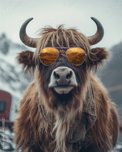 A strong, shaggy yak standing on a mountainous terrain, wearing aviator sunglasses 