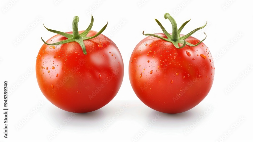 Two ripe red tomatoes are shown on a white background Two ripe red tomatoes are shown on a white background