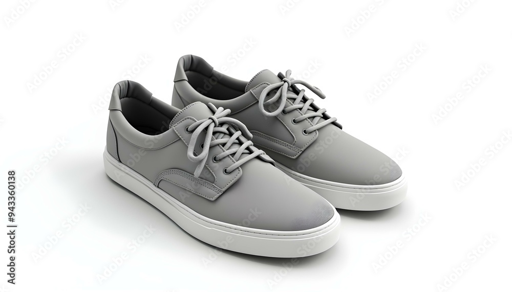 A pair of gray casual sneakers with white soles, laces, and trim. The sneakers have a minimalist, modern design with a textured upper material on white background A pair of gray casual sneakers with white soles, laces, and trim. The sneakers have a minimalist, modern design with a textured upper material on white background