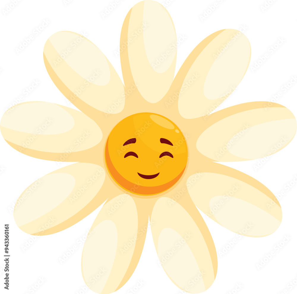 Happy cartoon daisy with a bright yellow center and smiling face, bringing joy and cheerfulness Happy cartoon daisy with a bright yellow center and smiling face, bringing joy and cheerfulness