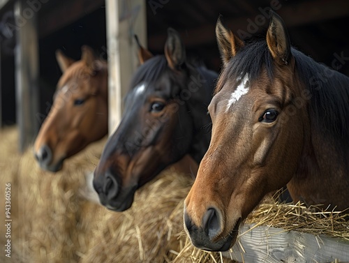 Three horses peering over wooden stalls in a rustic barn, surrounded by hay at an early morning hour
