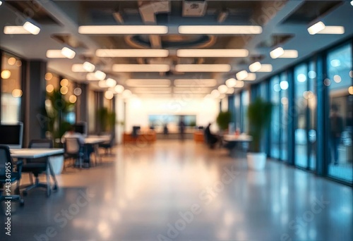 Beautiful blurred background of a light modern office interior with panoramic windows and beautiful lighting, ai