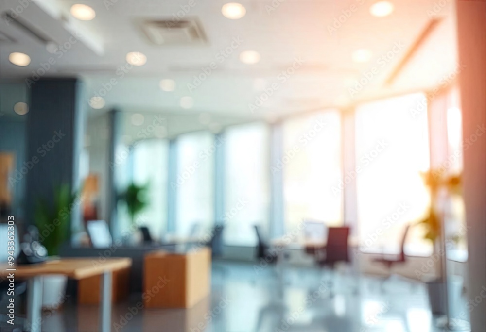 Beautiful blurred background of a light modern office interior with panoramic windows and beautiful lighting, ai Beautiful blurred background of a light modern office interior with panoramic windows and beautiful lighting, ai
