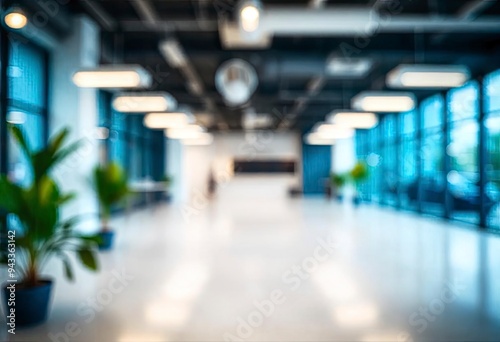 Modern bright office interior with furniture and daylight. Blurred background.