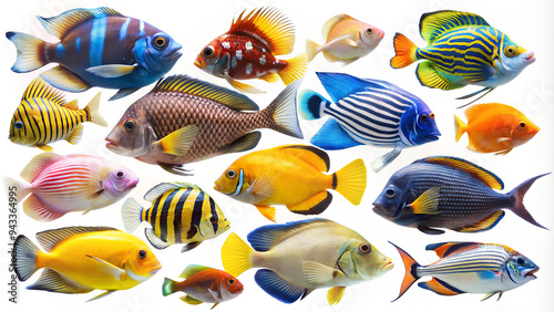 a colorful array of tropical fish in various shades of blue, yellow, orange, and pink, set against a white background photo