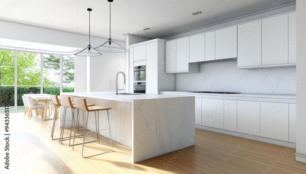 3D Rendering of Modern Kitchen with White Cabinets and Marble Wall 3D Rendering of Modern Kitchen with White Cabinets and Marble Wall