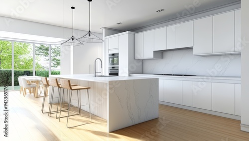 Wallpaper Mural 3D Rendering of Modern Kitchen with White Cabinets and Marble Wall Torontodigital.ca