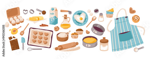 Bakery ingredients set. Homemade cooking, pastry preparation. Flat vector illustration