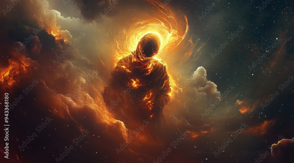 Mysterious Fiery Hooded Figure In Cosmic Space Mysterious Fiery Hooded Figure In Cosmic Space