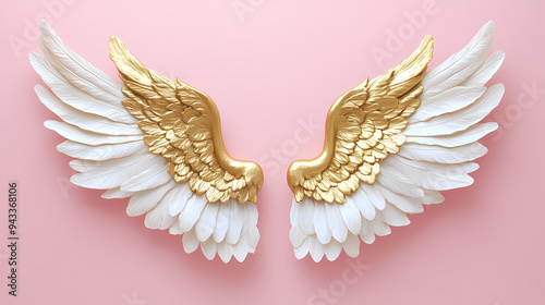 Golden and White Angel Wings on Pink Background: Elegant and Ethereal Design