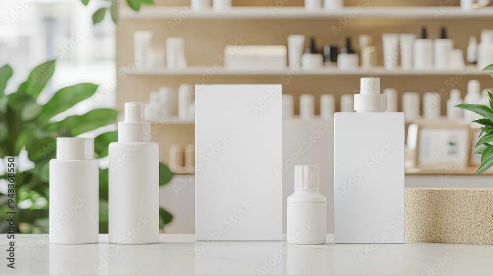 A set of blank eco-friendly skincare bottles in varying sizes, all made from biodegradable materials, arranged on a white marble counter with fresh greenery A set of blank eco-friendly skincare bottles in varying sizes, all made from biodegradable materials, arranged on a white marble counter with fresh greenery