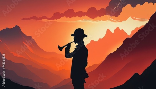 Silhouette of a Musician Playing Trumpet at Sunset