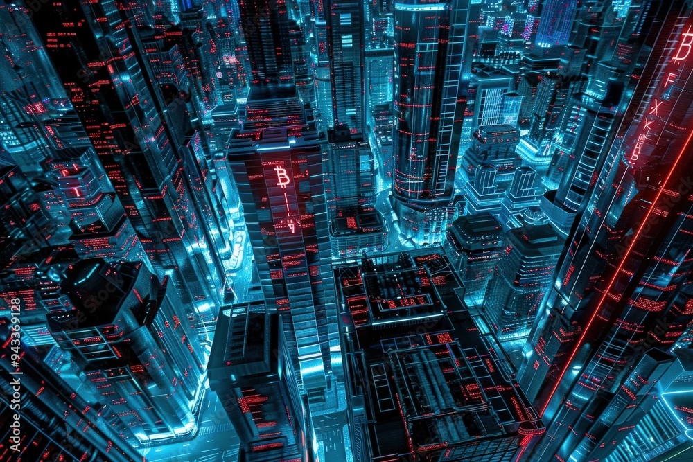 A digital rendering of a futuristic cityscape with neon lights and glowing blockchain data on the buildings A digital rendering of a futuristic cityscape with neon lights and glowing blockchain data on the buildings