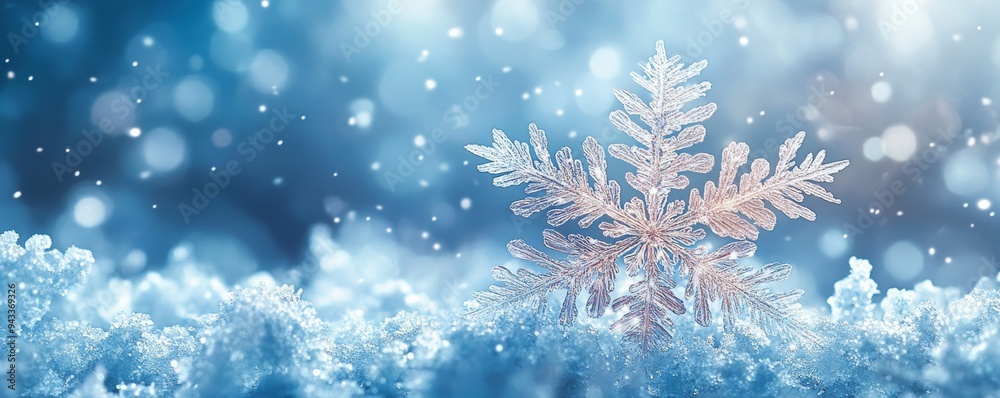 Delicate snowflake resting on soft snow, glowing in a serene blue background, embodying the beauty of winter's magic. Delicate snowflake resting on soft snow, glowing in a serene blue background, embodying the beauty of winter's magic.