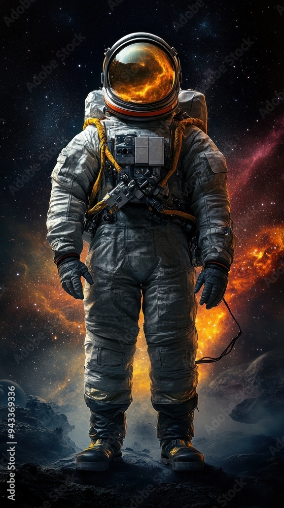 Astronaut in a suit with glowing visor, space Astronaut in a suit with glowing visor, space