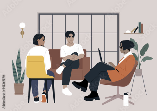 Three colleagues engage in a lively conversation in a well-decorated living room, enjoying the warmth of friendship and sharing their thoughts comfortably