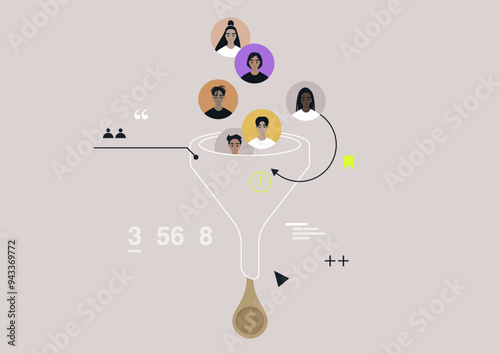 A sales funnel where diverse figures represent potential customers engaged at different stages of the purchasing process, emphasizing conversion dynamics
