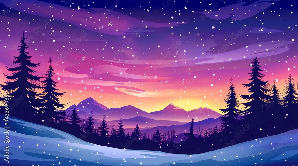 Fototapeta premium Silhouetted Pine Trees Against a Snowy, Purple Sunset Over Mountains
