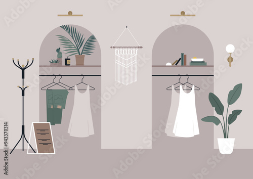 A chic fashion store interior features two archways adorned with beautiful dresses and leafy plants, creating a serene shopping atmosphere filled with style and elegance