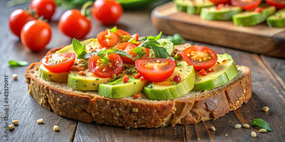 A slice of toasted sour dough bread with avocado and tomato on top A slice of toasted sour dough bread with avocado and tomato on top